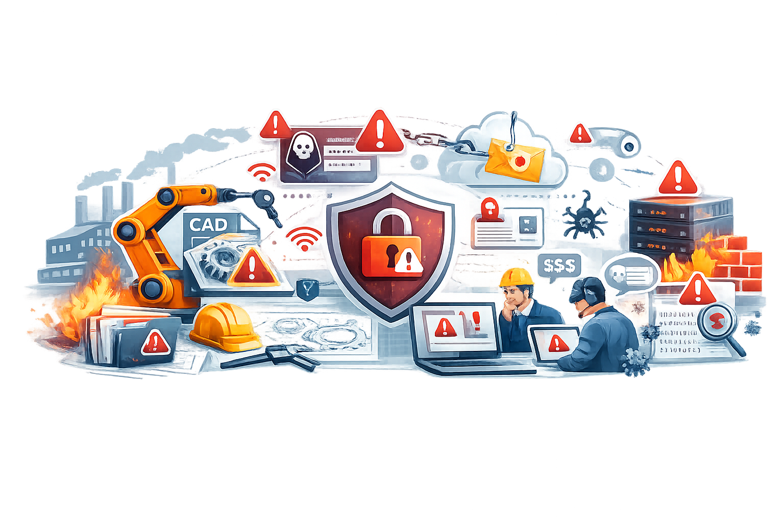Manufacturing file sharing risks illustration showing CAD and production files exposed to threats like ransomware, phishing, unauthorized access, and system outages, highlighted with warning and breach icons.