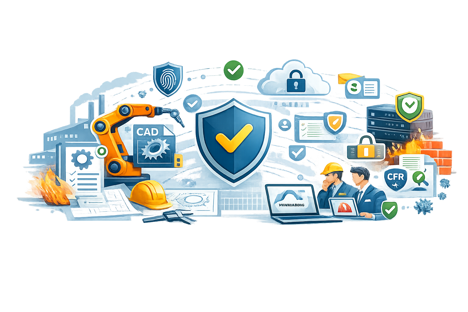 Manufacturing security and compliance alignment illustration showing protected CAD and production data with verified identity, encryption, audit-ready controls, and compliance checkmarks across factory, cloud, and server systems.