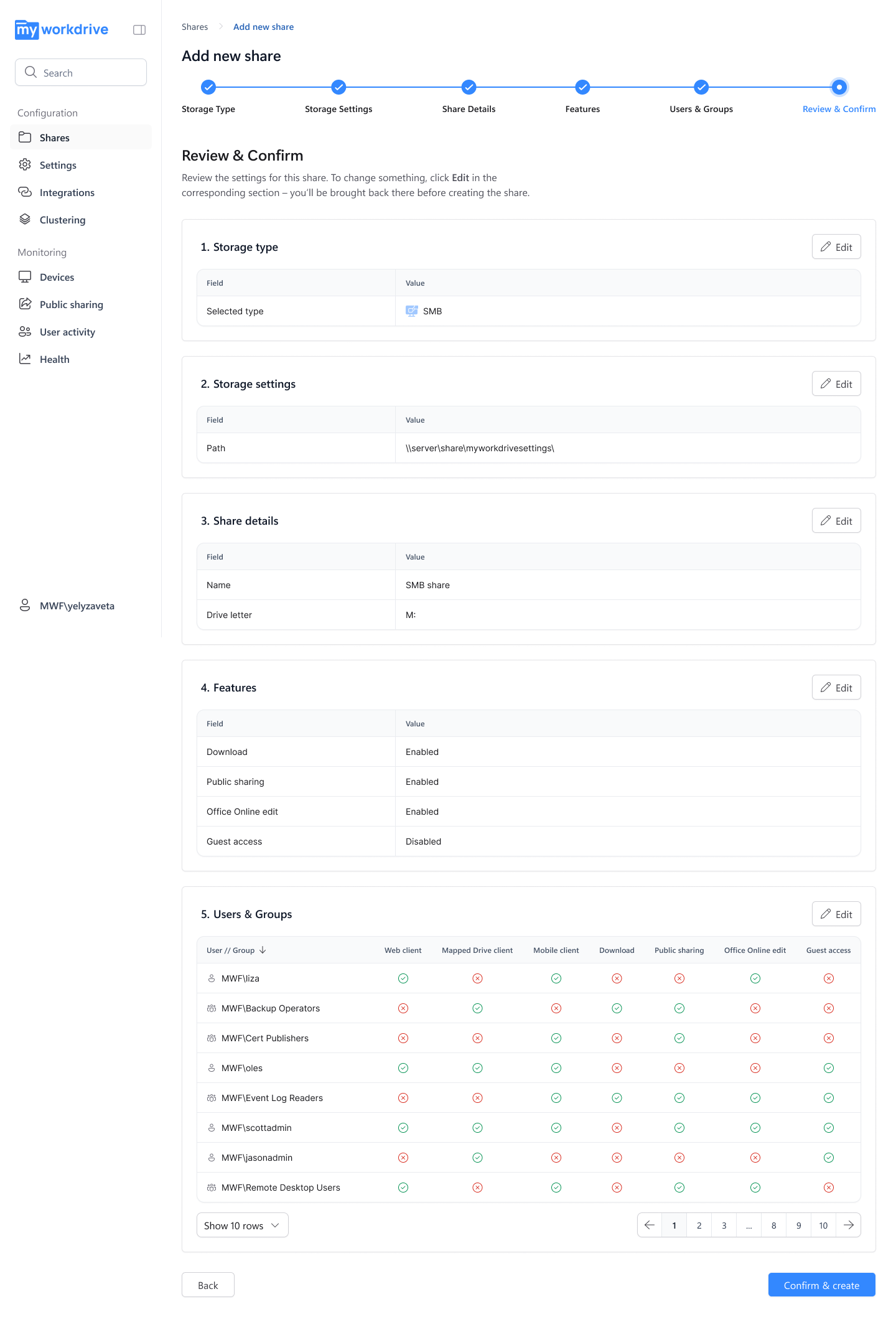 Adding an SMB share by UNC path Screenshot of the MyWorkDrive Admin Panel Shares page with a UNC path entered and NTFS permission mapping shown