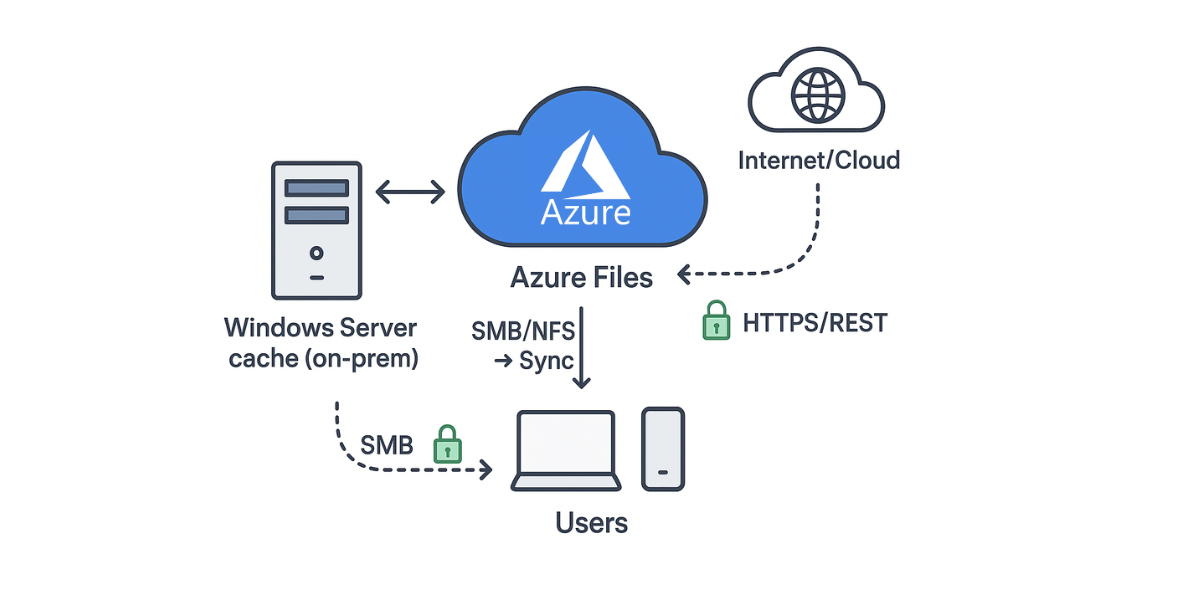 Azure Files architecture showing on-prem cache and cloud sync