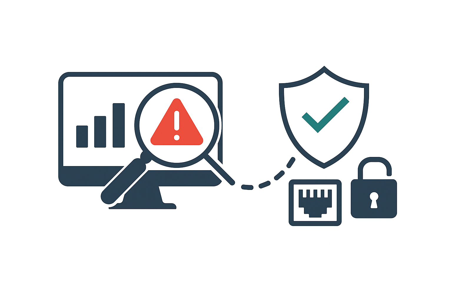 Illustration of intrusion detection and prevention with a magnifying glass highlighting a warning on a computer screen, connected to a shield, lock, and network port on a white background.