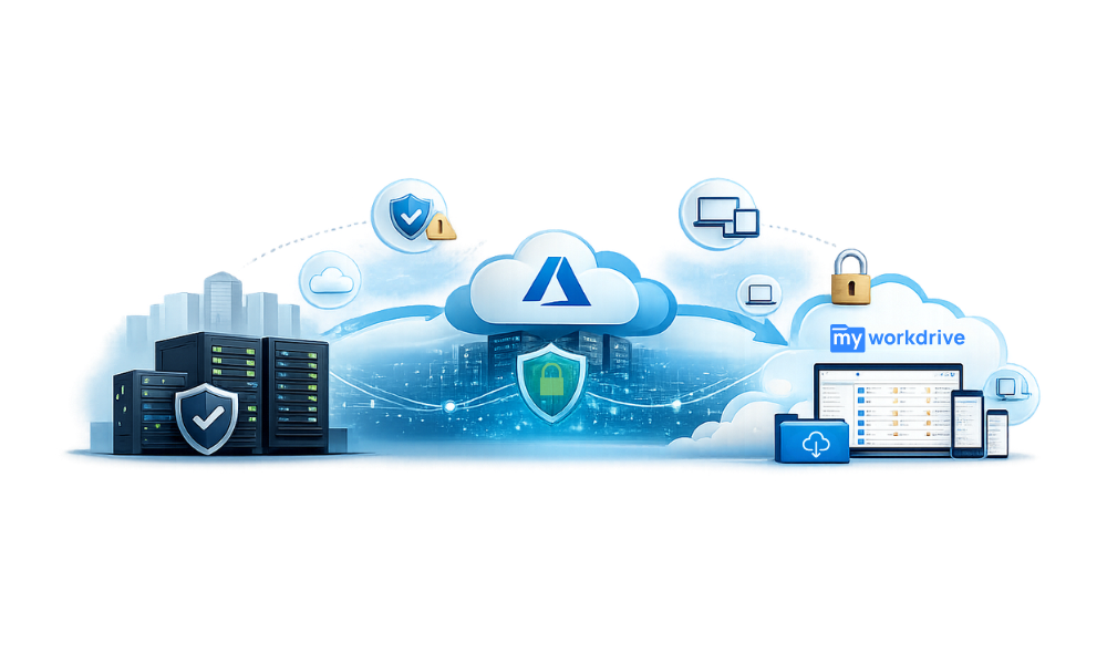 Illustration showing on-premises file servers integrated with Azure Files and securely accessed through MyWorkDrive across multiple devices, representing hybrid Azure storage with centralized secure remote access.