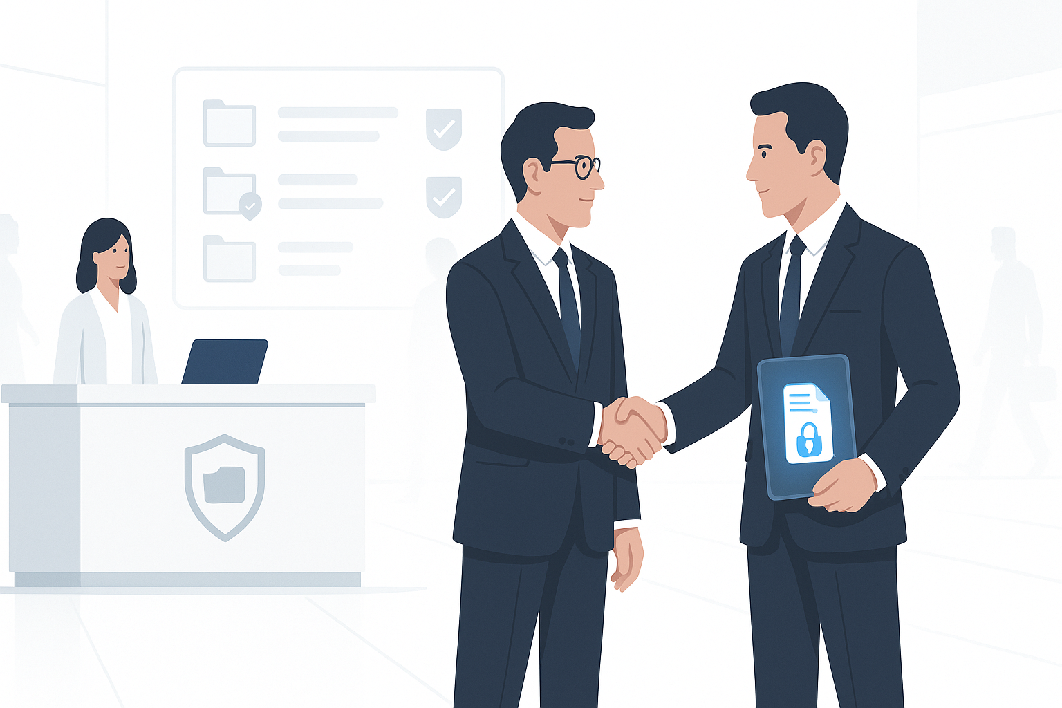 The image depicts a modern law firm reception area where partners are shaking hands, symbolizing successful technology implementation in the legal industry. This setting emphasizes the importance of secure file sharing and data protection to maintain client confidentiality and comply with strict regulations.