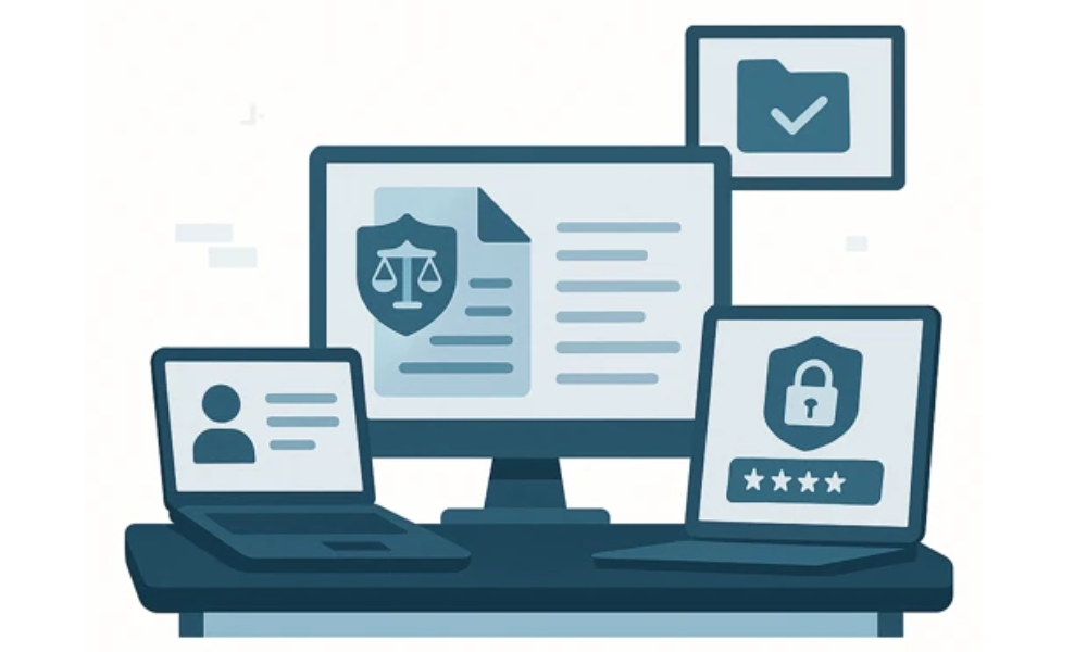 The image depicts a modern law office equipped with multiple screens showcasing various legal software applications and document management systems, emphasizing the importance of secure file sharing and data security for law firms. The setup highlights tools that protect client confidentiality and ensure compliance with strict regulations in the legal industry.