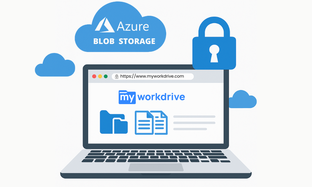 A laptop displaying MyWorkDrive website accessing Azure Blob storage with a web browser, surrounded by cloud icons and a secure padlock symbol