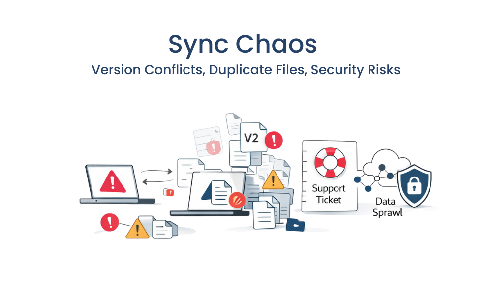 Minimal wide banner illustration showing “sync chaos” with a growing pile of duplicate files and version conflict alerts between two laptops, leading to a support ticket, data sprawl, and a security risk shield on a white background.