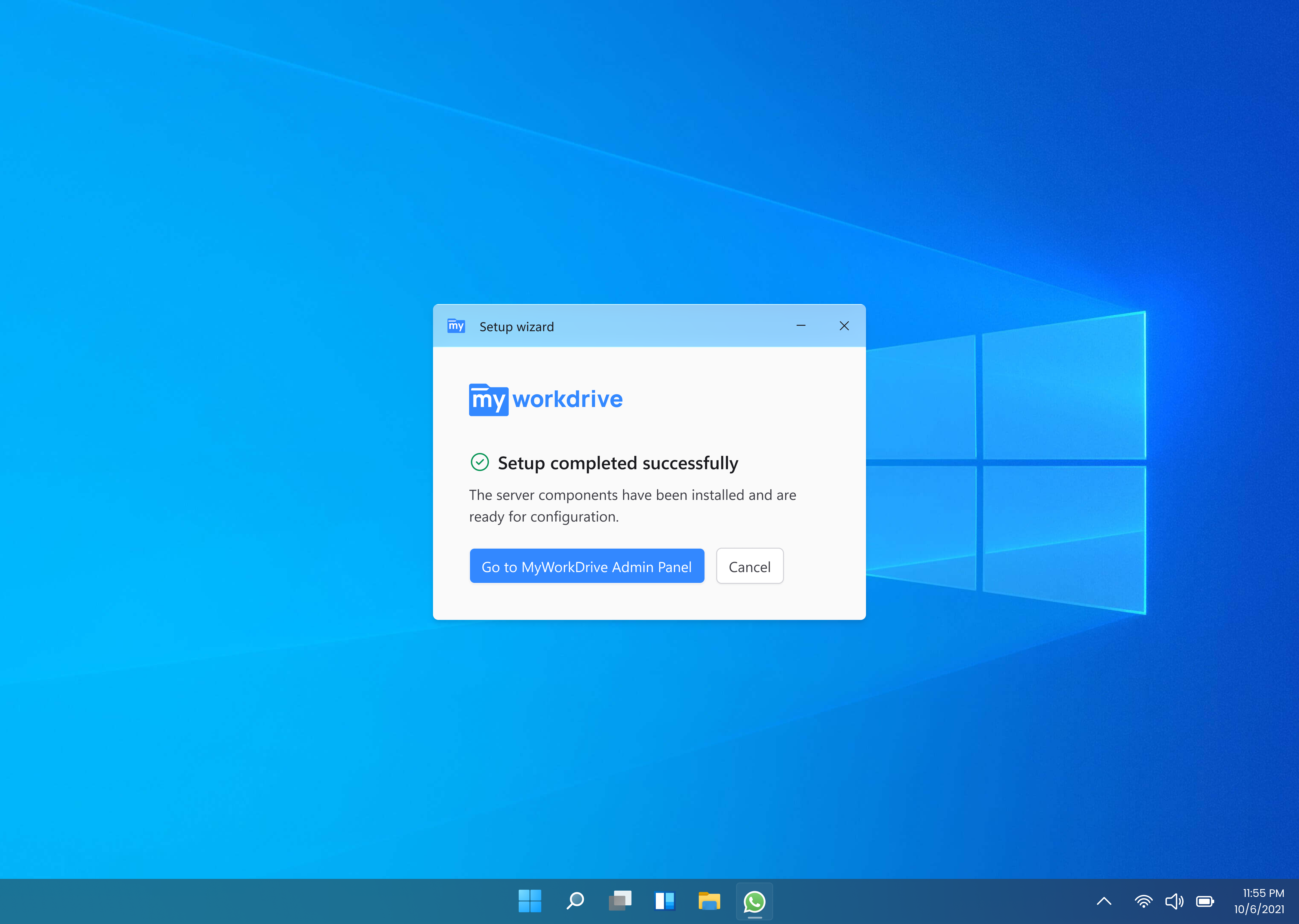 MyWorkDrive Setup completion Screenshot of the MyWorkDrive installer completion screen on Windows Server