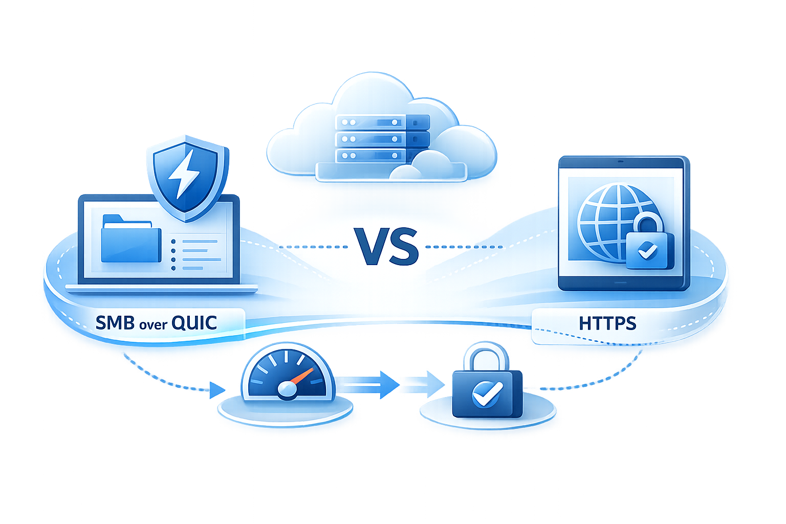 Modern SaaS illustration comparing SMB over QUIC vs HTTPS: a laptop labeled smb over quic with a shield icon on the left and a tablet labeled https with a globe-and-lock on the right, separated by a central vs and connected by soft blue cloud-style lines, with speed and security icons below on a transparent background.