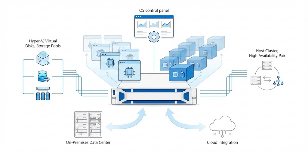 Diagram of Windows Storage Server OS showing a central storage server launching virtual machines and containers, connected via thin lines to Hyper V, storage pools, clustered hosts, and combined data center and cloud icons on a clean white background.