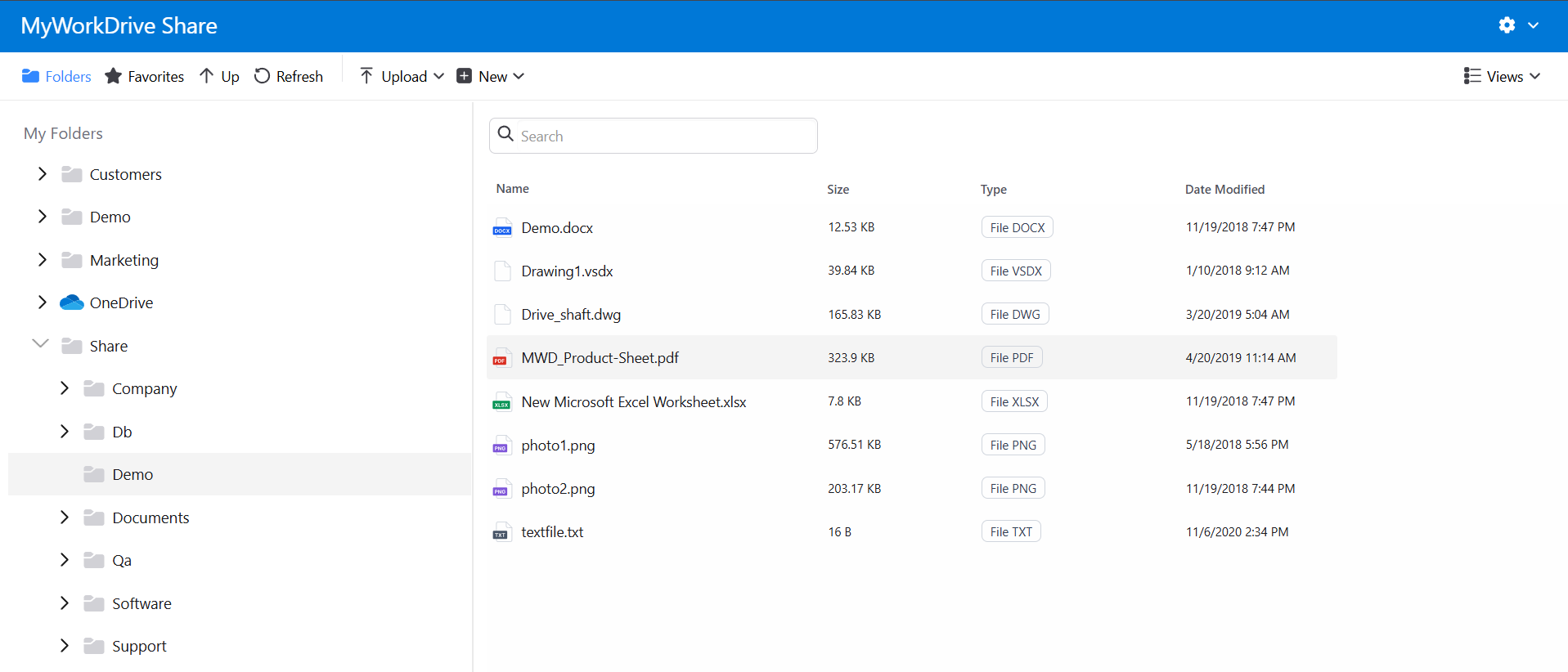 End-user web file manager view Screenshot of the MyWorkDrive web file manager in Chrome showing a share listing