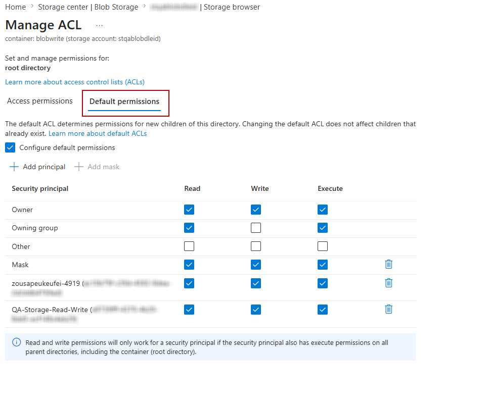 Manage ACL screen in Azure portal showing Default permissions tab with Read, Write, Execute grid for Owner, Owning group, Other, Mask, and named principals