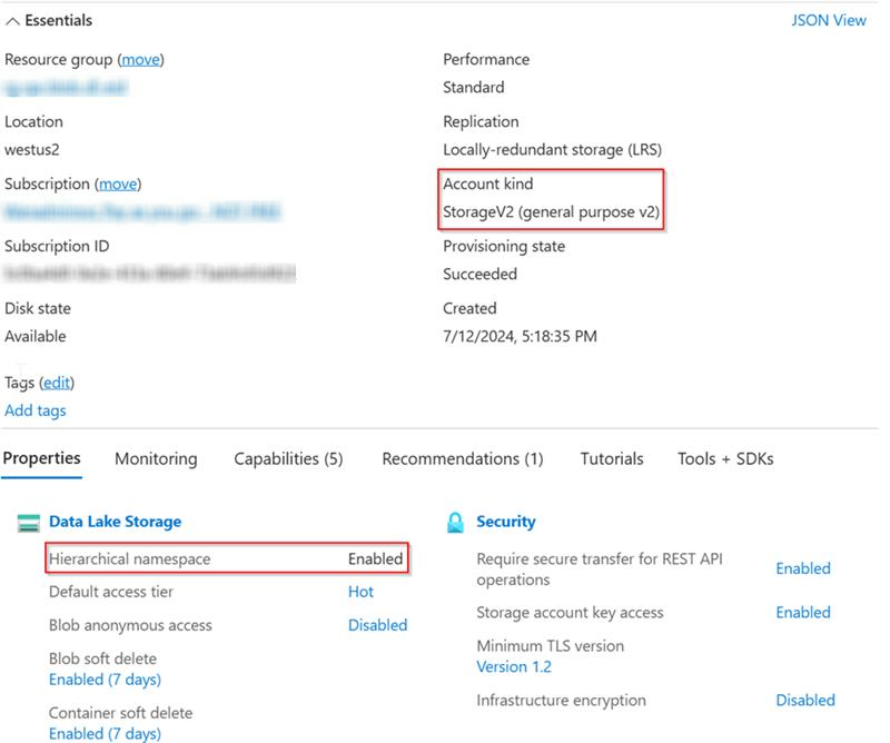 Storage account properties showing StorageV2 account kind and Hierarchical namespace enabled
